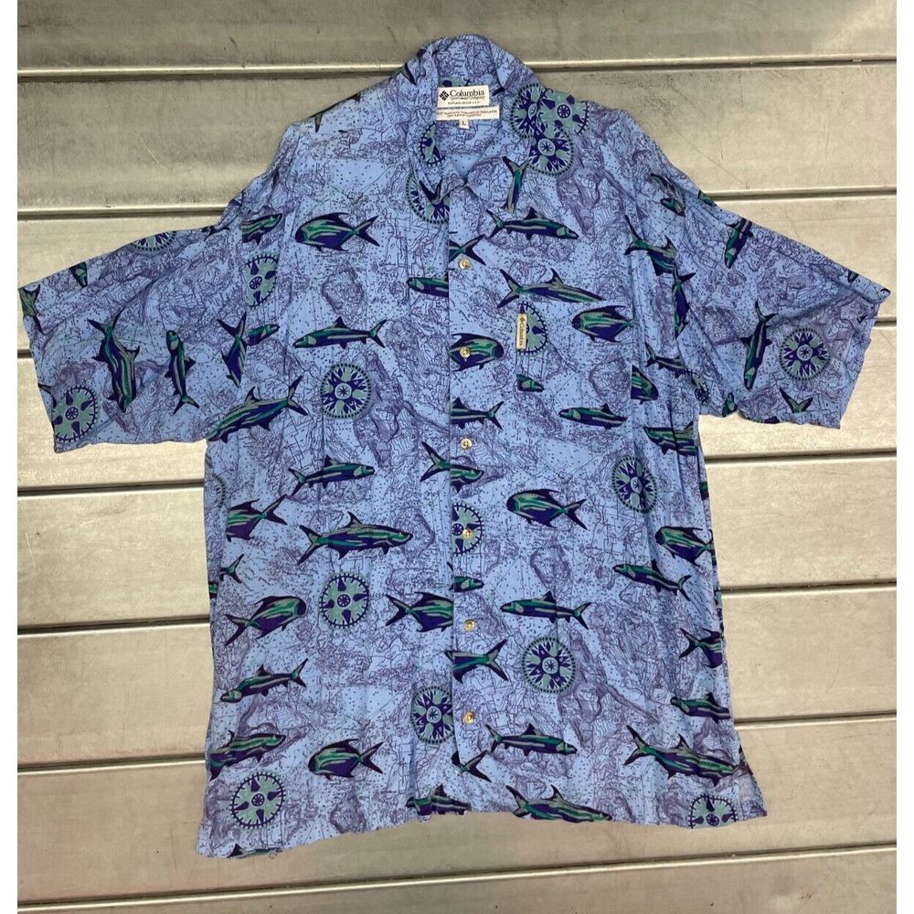 Columbia Button Up Shirt Mens Large Blue Short Sleeve All Over Print Hawaiian